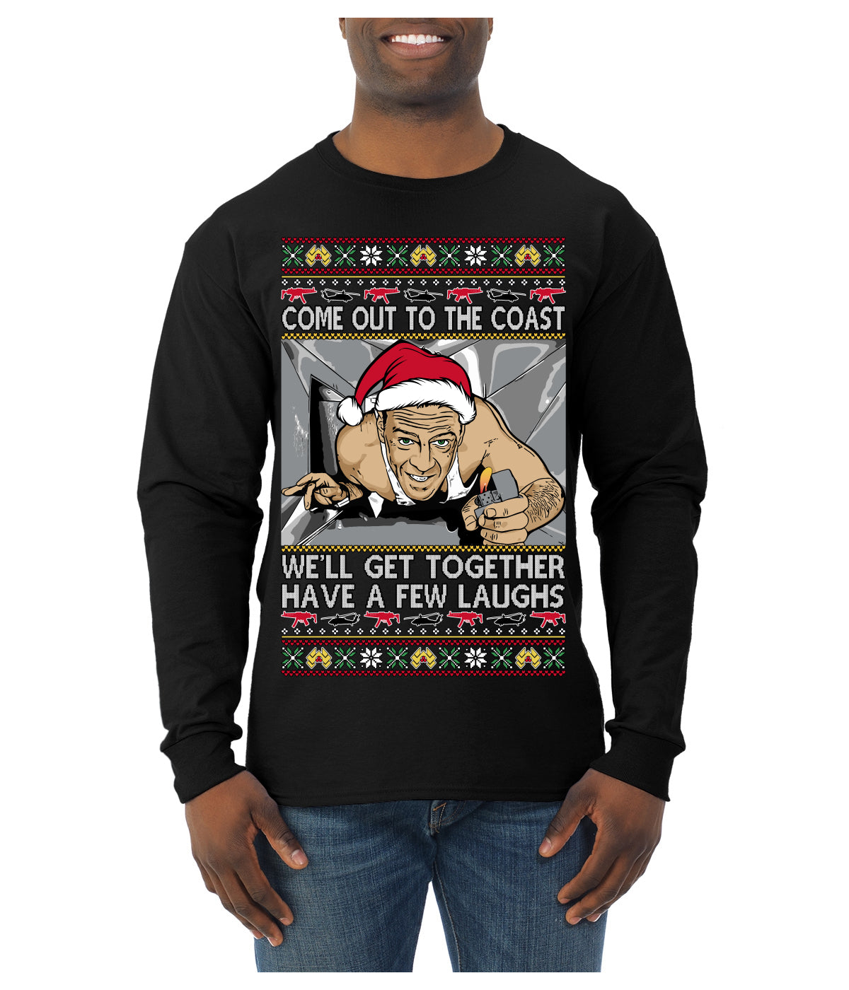 Come Out to the Coast Have a Few Laughs Die Hard McClane Ugly Christmas Sweater Mens Long Sleeve Shirt
