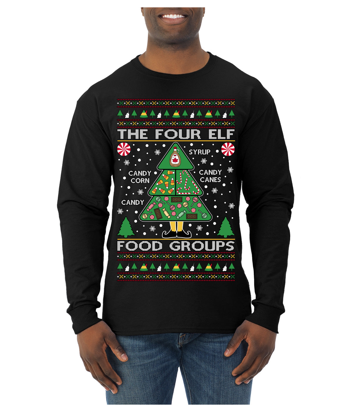 The Four Elf Food Groups Candy Canes Syrup Funny Ugly Christmas Sweater Mens Long Sleeve Shirt