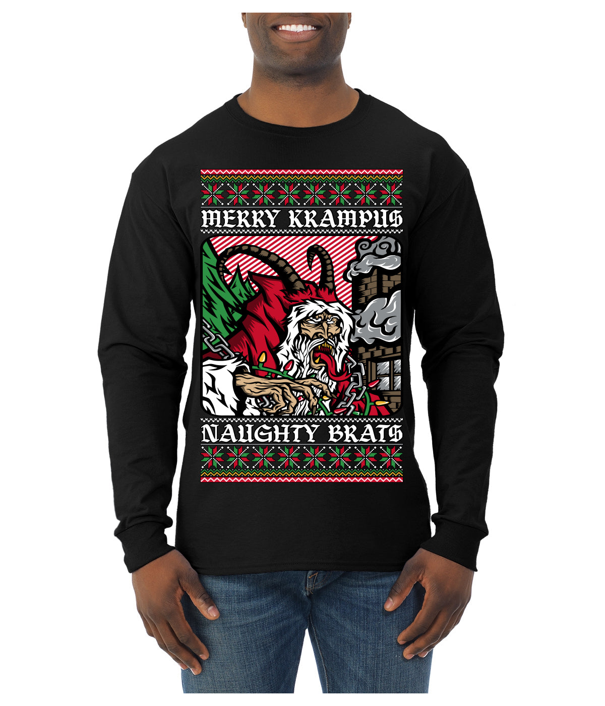 Merry Krampus Naughty Brats | Funny Ugly Christmas Sweater Mens Long Sleeve Shirt