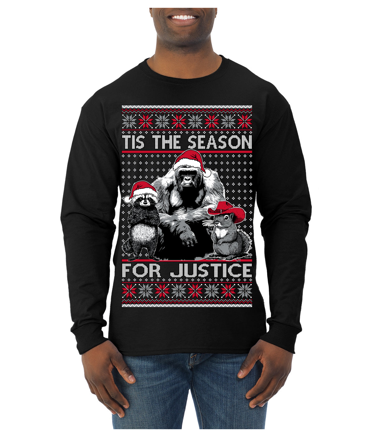 Tis the Season For Justice Harambe Peanut Fred Raccoon Ugly Christmas Sweater Mens Long Sleeve Shirt