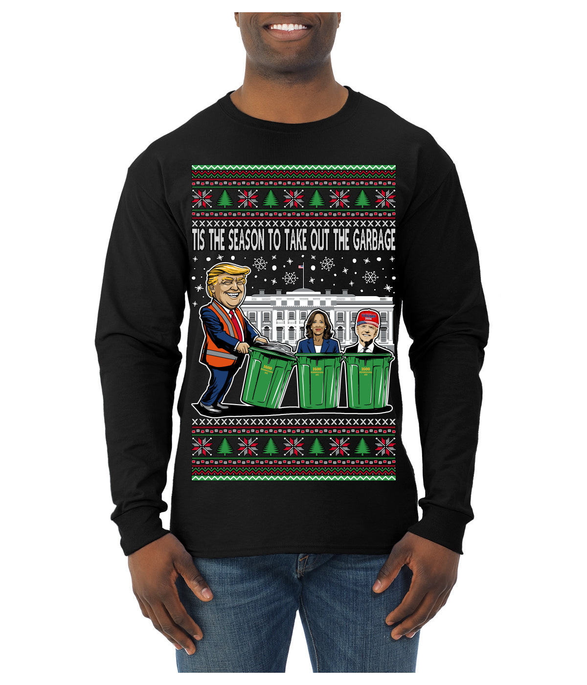 Tis the Season to Take Out the Garbage President Trump Ugly Christmas Sweater Mens Long Sleeve Shirt