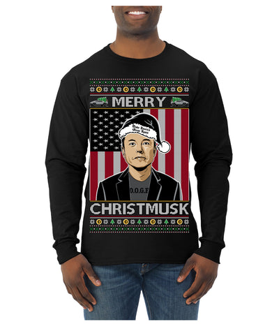 Merry Christmusk Funny Dark MAGA Santa Elon Doge Meme Ugly Christmas Sweater Mens Long Sleeve Shirt