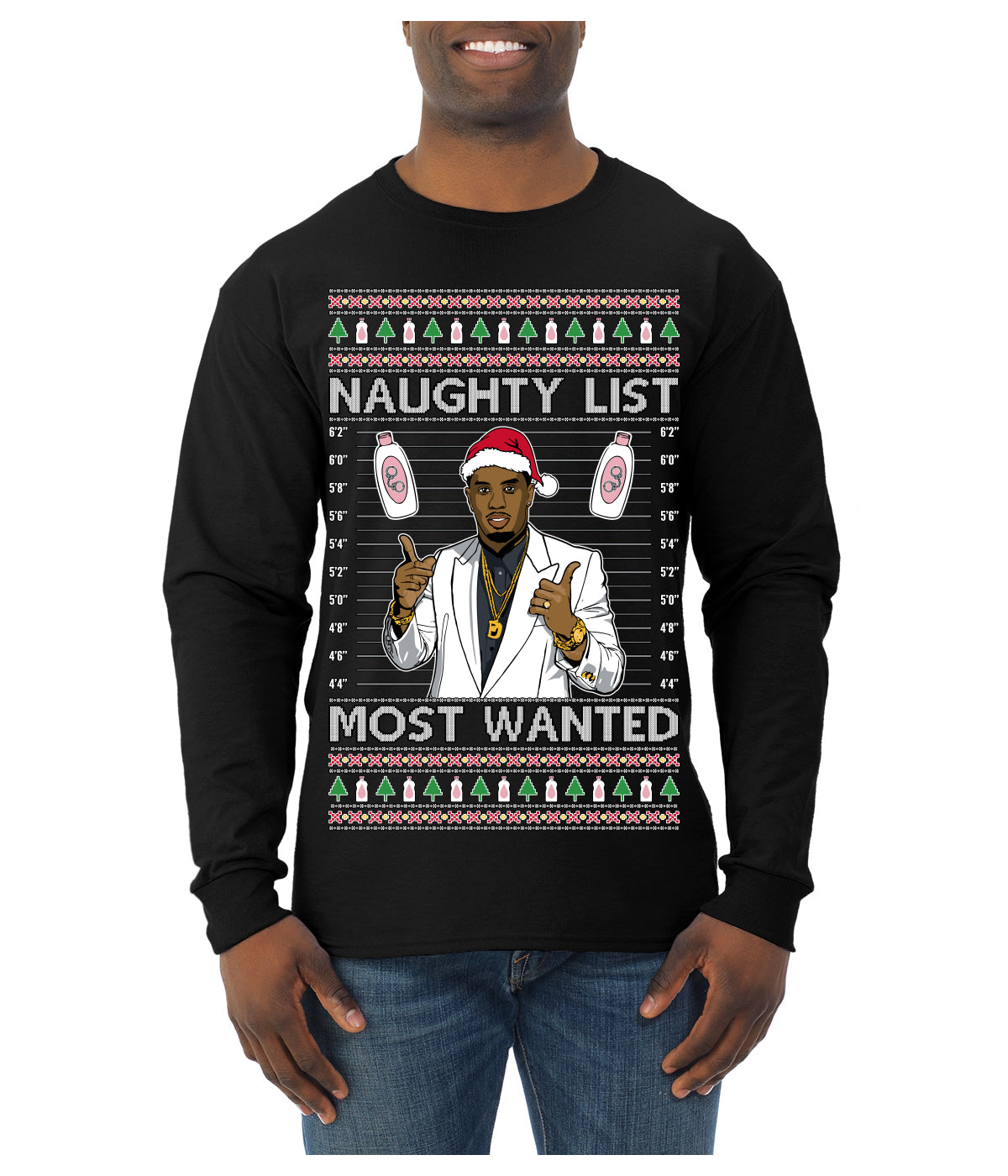 Naughty List Most Wanted, Funny Santa P Diddy Diddler Funny Party Viral Music Baby Oil Meme Ugly Christmas Sweater Mens Long Sleeve Shirt