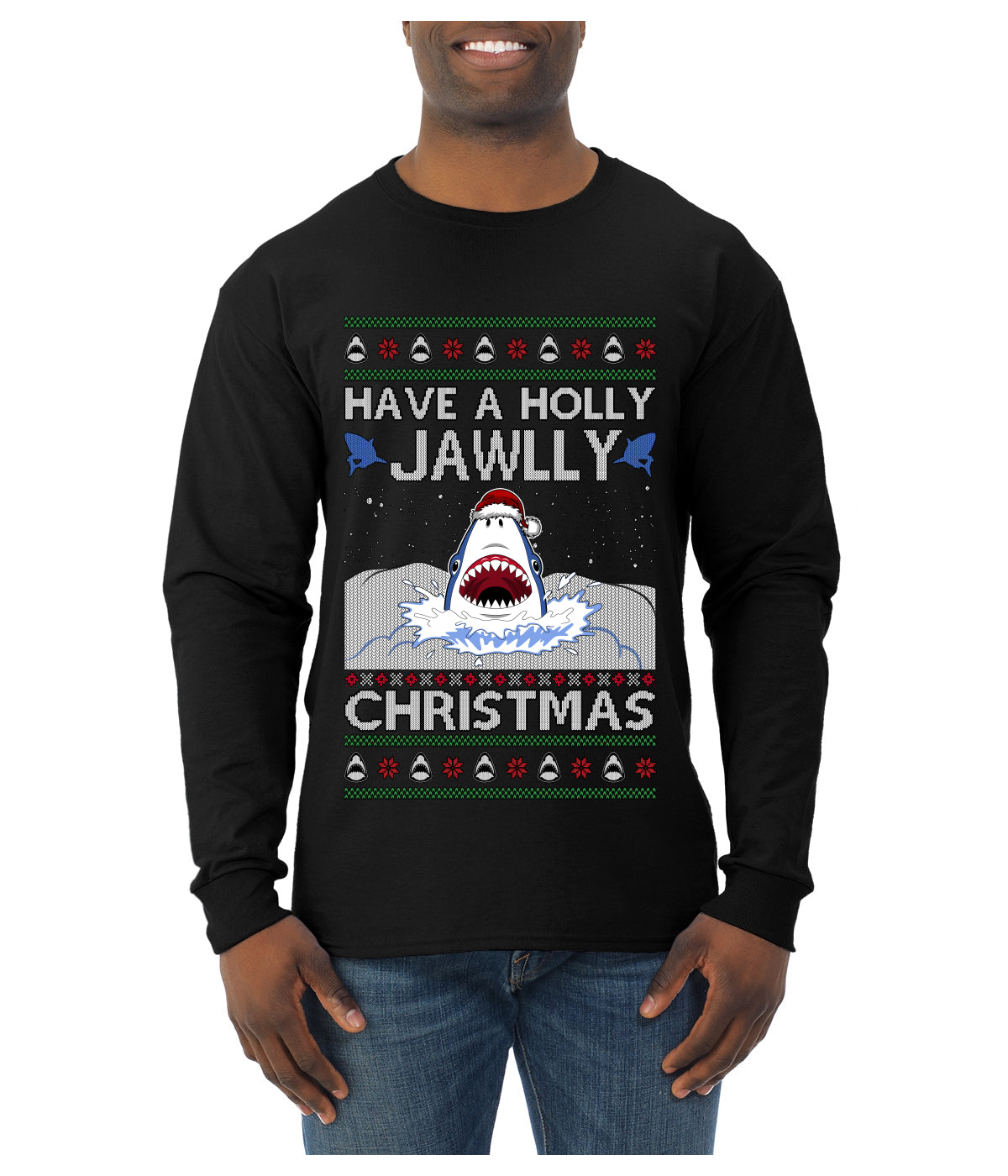 Have a Holly Jawlly Christmas, Cute Shark, Ugly Christmas Sweater Mens Long Sleeve Shirt
