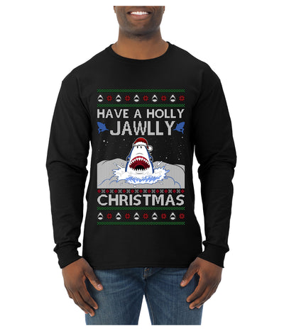 Have a Holly Jawlly Christmas, Cute Shark, Ugly Christmas Sweater Mens Long Sleeve Shirt