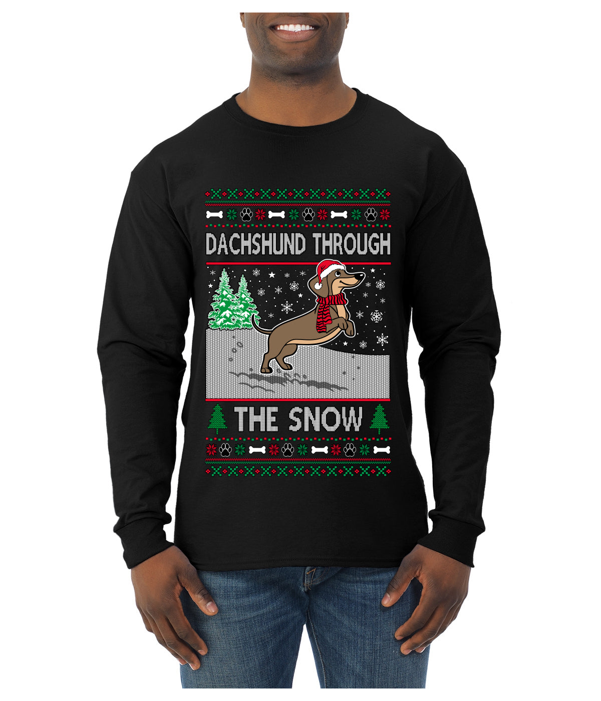 Dachshund Through The Snow, Cute Dog Christmas Sweater, Ugly Christmas Sweater Mens Long Sleeve Shirt