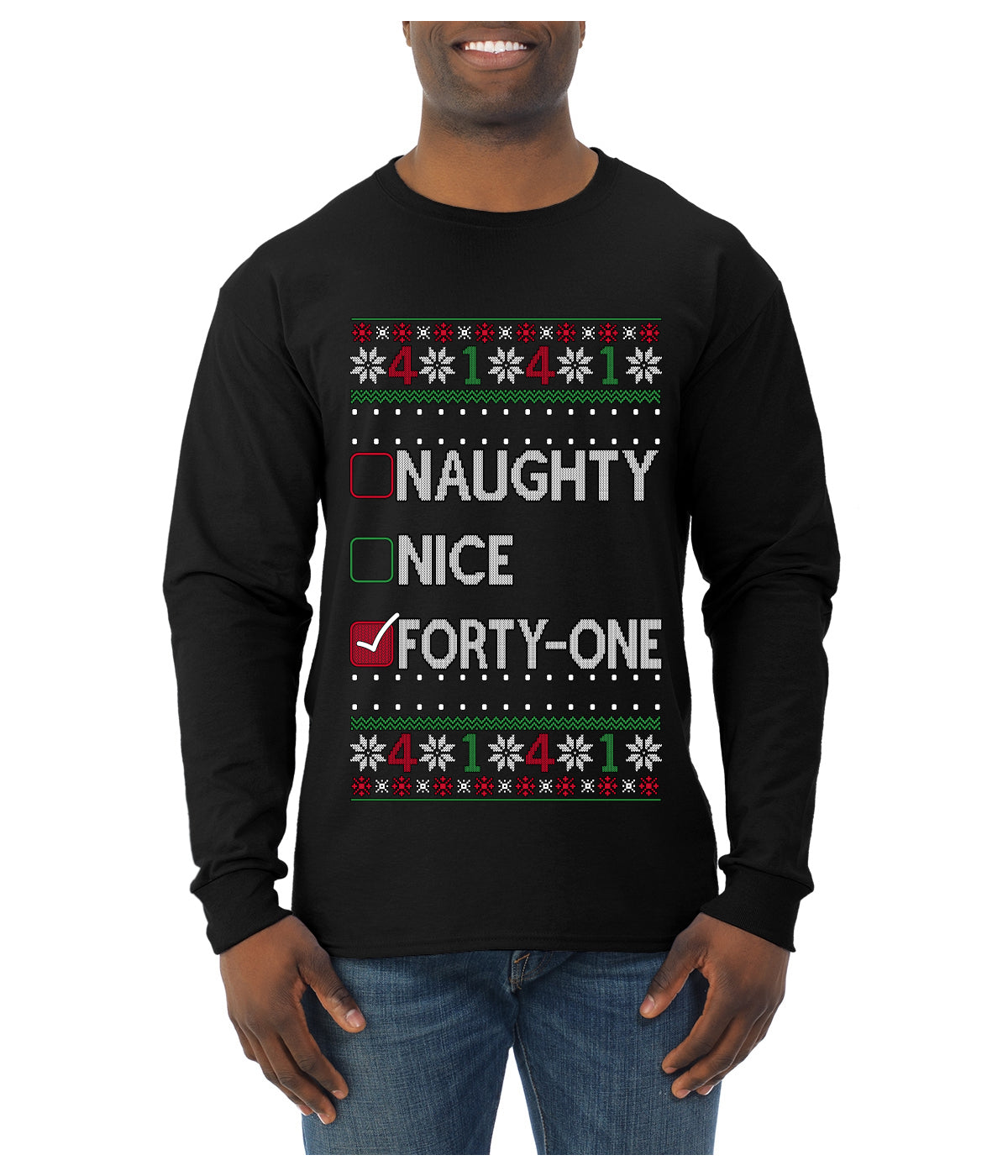 Funny Meme List Naughty, Nice, 41, Ugly Christmas Sweater Mens Long Sleeve Shirt
