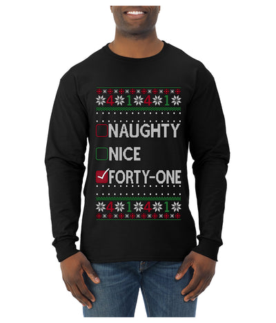 Funny Meme List Naughty, Nice, 41, Ugly Christmas Sweater Mens Long Sleeve Shirt