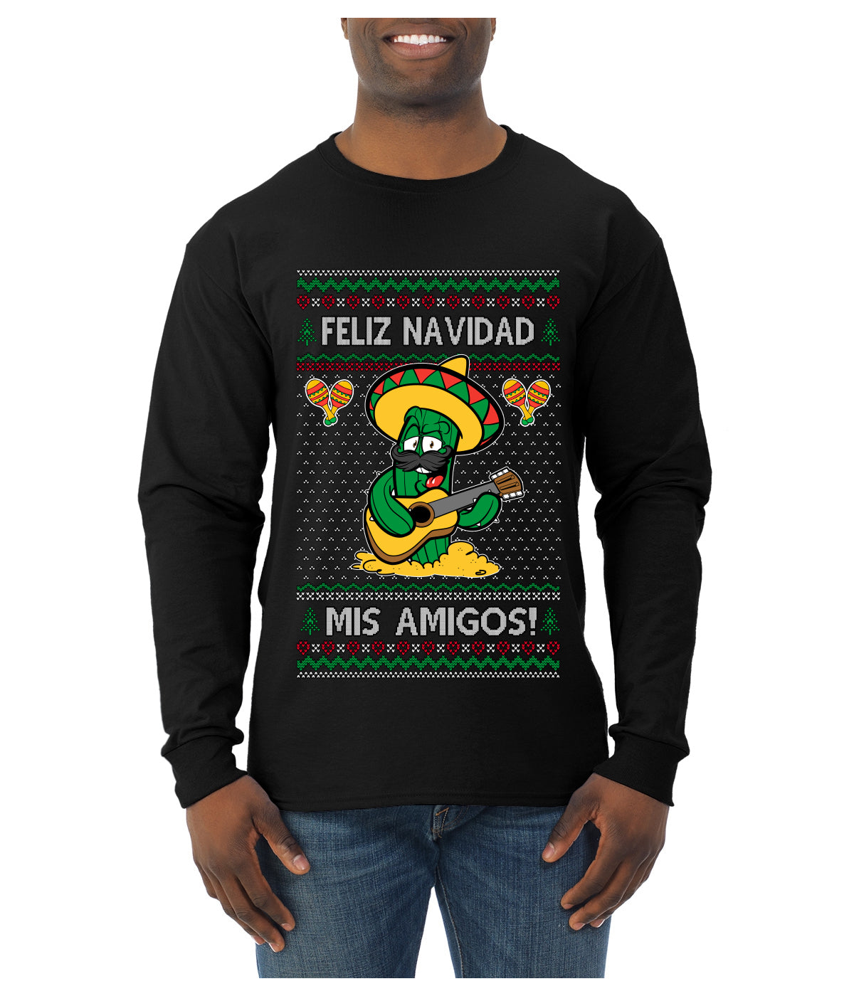 Feliz Navidad Mis Amigos!, Ugly Christmas Sweater Mens Long Sleeve Shirt