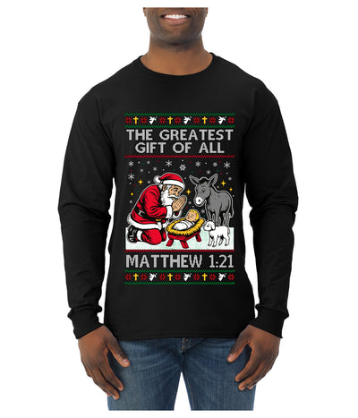 The Greatest Gift Of All Matthew 1:21, Ugly Christmas Sweater Mens Long Sleeve Shirt