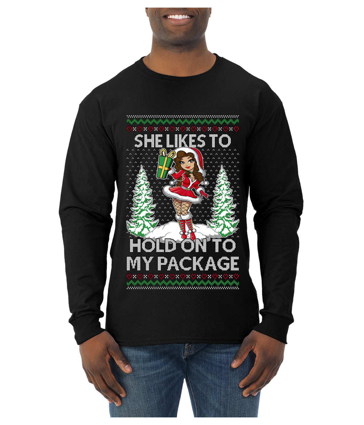 Hold My Package, Ugly Christmas Sweater Unisex Unisex Mens Long Sleeve Shirt