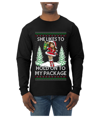 Hold My Package, Ugly Christmas Sweater Unisex Unisex Mens Long Sleeve Shirt