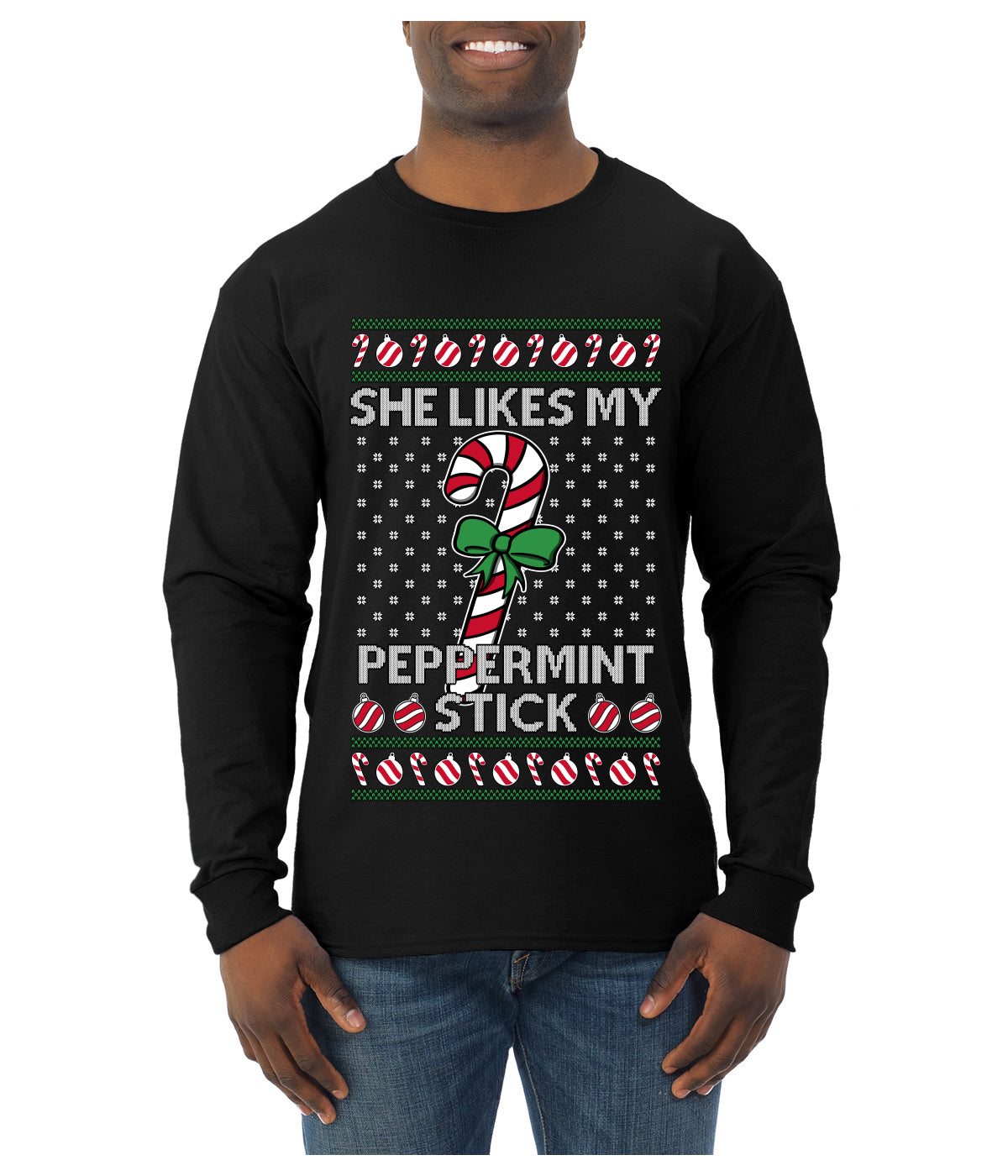 She Likes My Peppermint Stick, Ugly Christmas Sweater Unisex Mens Long Sleeve Shirt