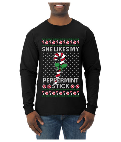 She Likes My Peppermint Stick, Ugly Christmas Sweater Unisex Mens Long Sleeve Shirt