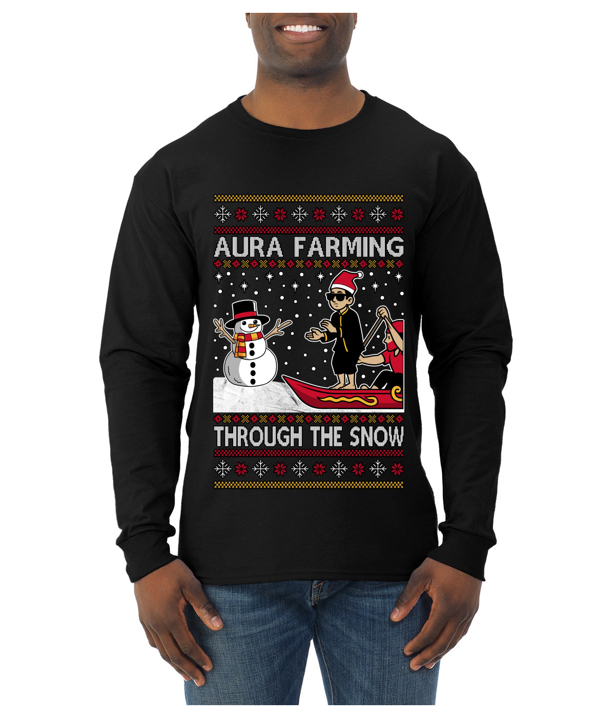 Aura Farming Through The Snow Meme, Ugly Christmas Sweater Unisex Mens Long Sleeve Shirt
