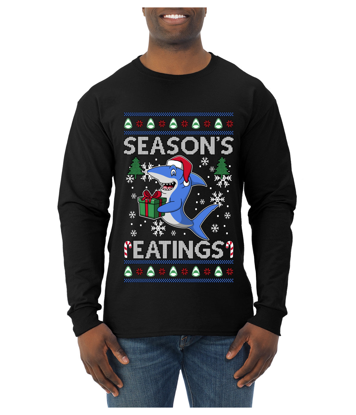 Season's Eatings Shark, Ugly Christmas Sweater Unisex Mens Long Sleeve Shirt