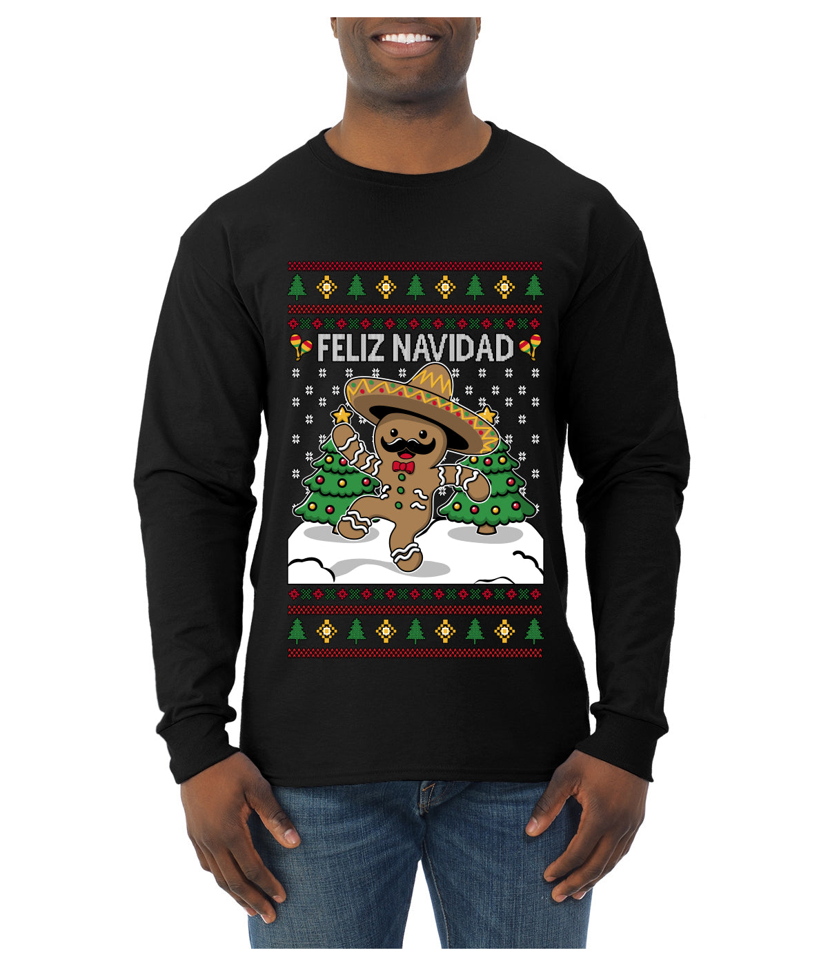 Feliz Navidad Dancing Gingerbread Man, Ugly Christmas Sweater Unisex Mens Long Sleeve Shirt