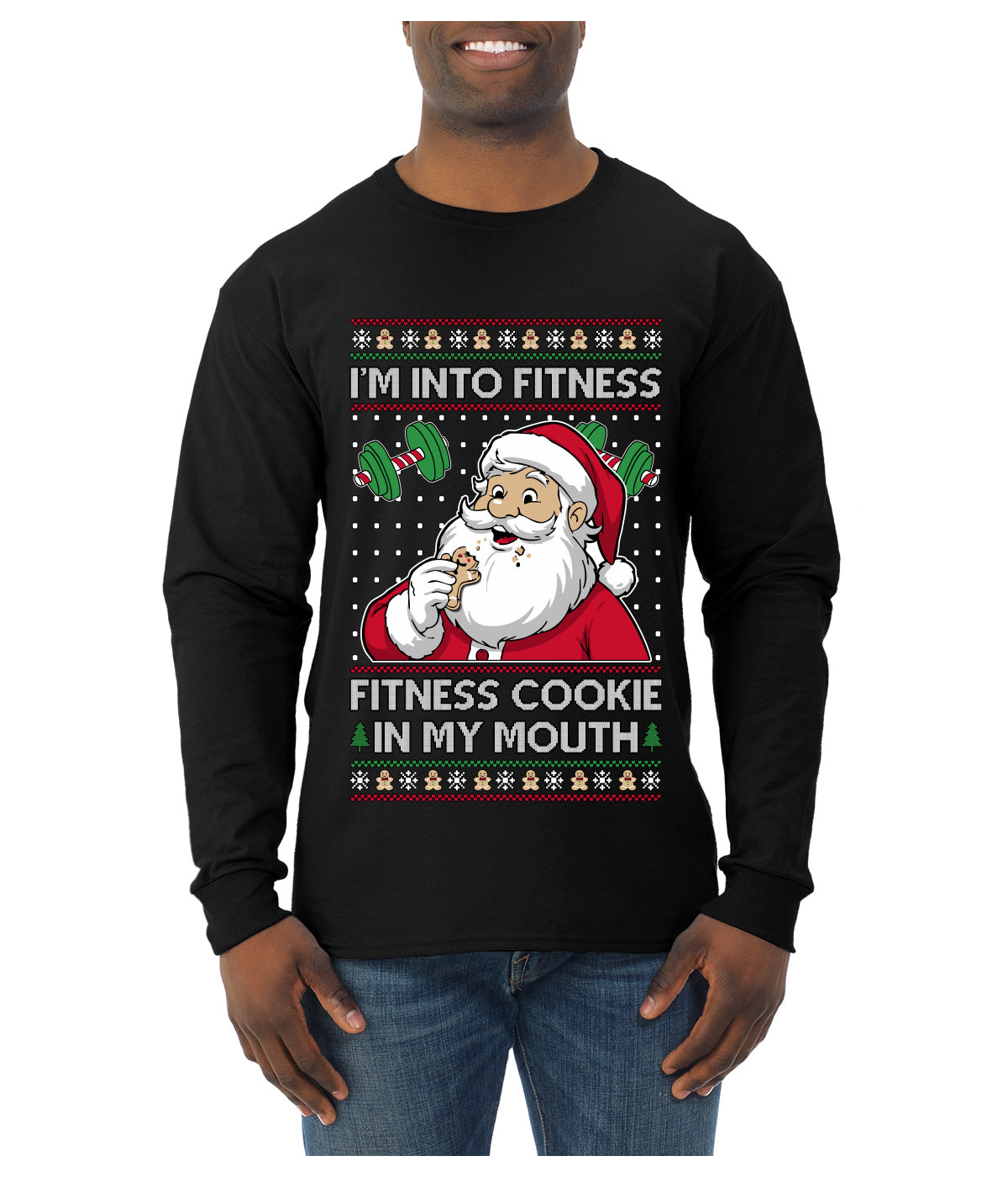 I'm Into Fitness Cookie In My Mouth Santa, Ugly Christmas Sweater Unisex Mens Long Sleeve Shirt