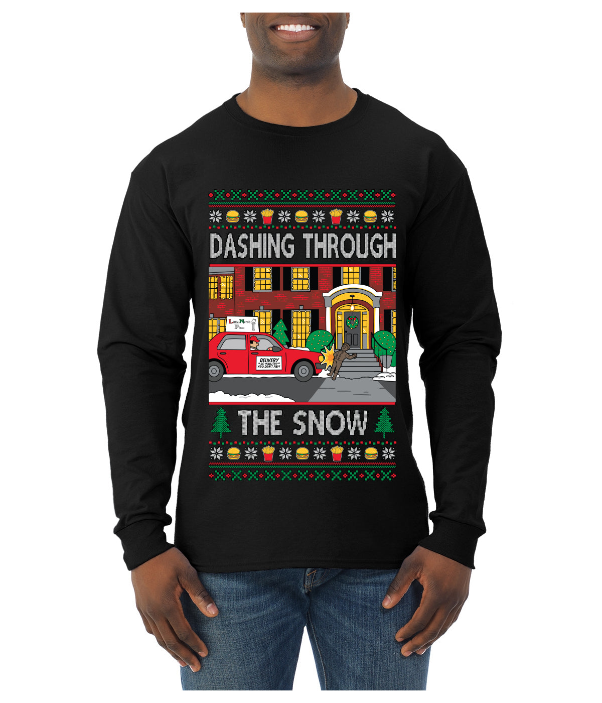 Dashing Through The Snow Classic 90s Holiday Movie, Ugly Christmas Sweater Unisex Mens Long Sleeve Shirt