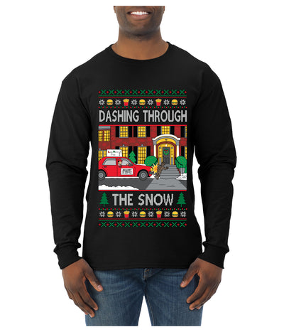 Dashing Through The Snow Classic 90s Holiday Movie, Ugly Christmas Sweater Unisex Mens Long Sleeve Shirt