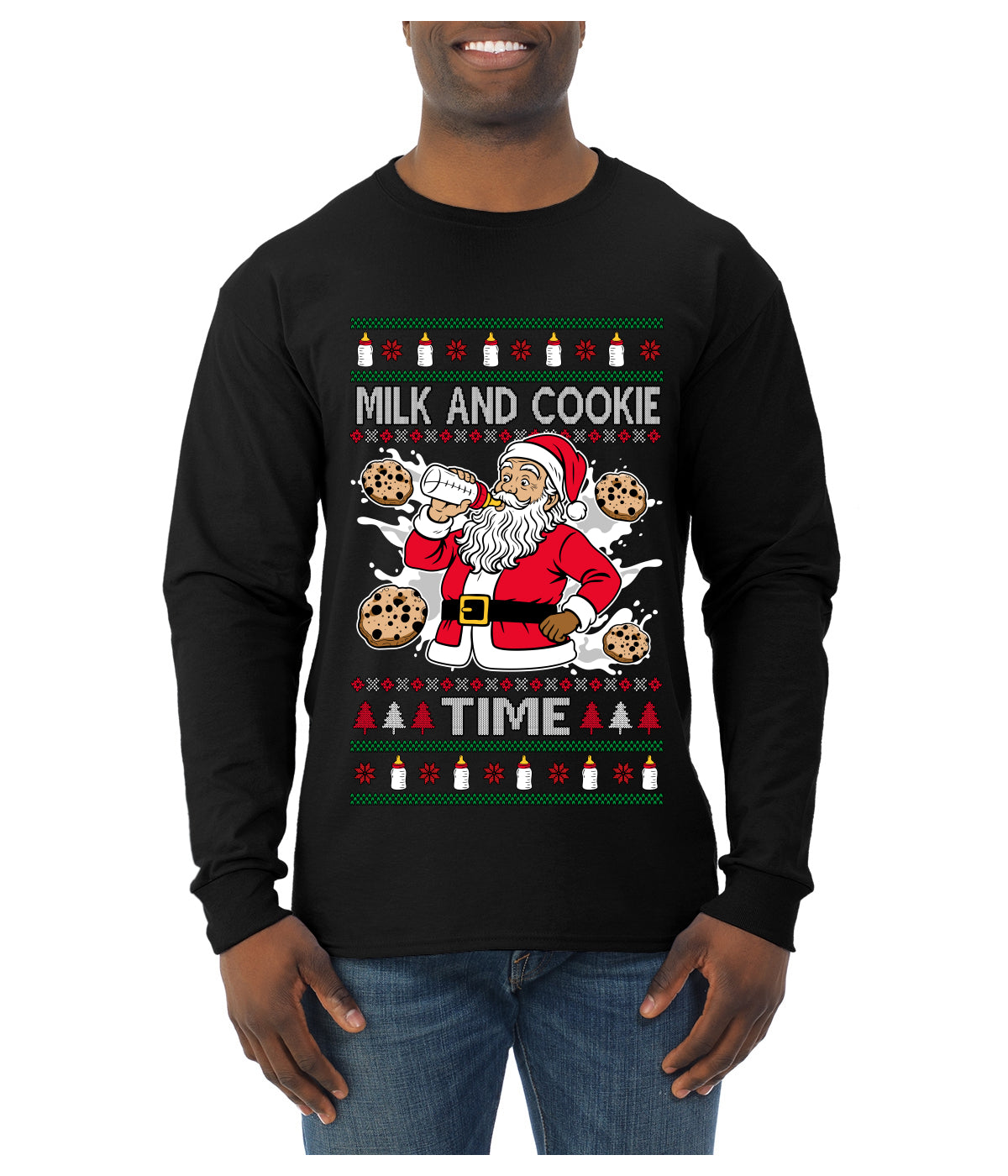 Milk And Cookie Time, Ugly Christmas Sweater Unisex Mens Long Sleeve Shirt