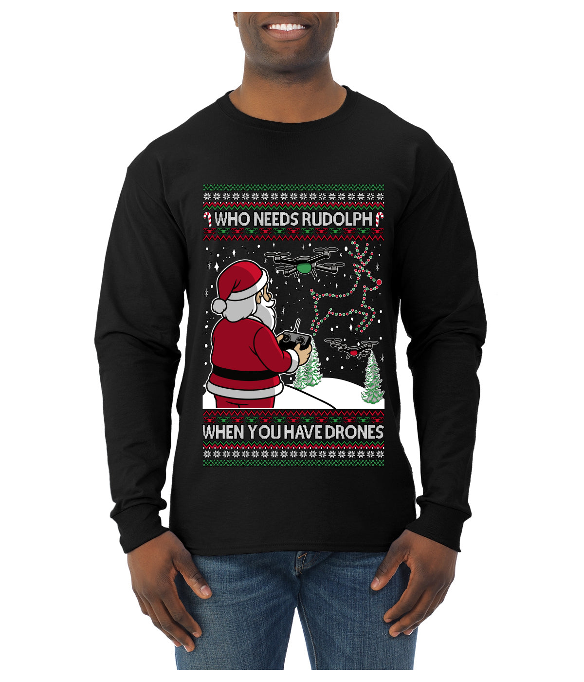 Santa Drone Show Reindeer, Ugly Christmas Sweater Unisex Mens Long Sleeve Shirt