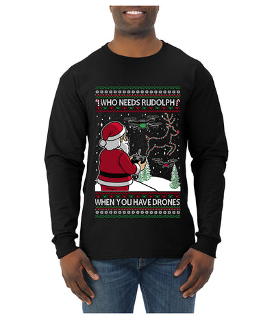 Santa Drone Show Reindeer, Ugly Christmas Sweater Unisex Mens Long Sleeve Shirt