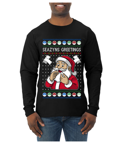 Seazyns Greeting Santa Packing Lip Pouch, Ugly Christmas Sweater Unisex Mens Long Sleeve Shirt