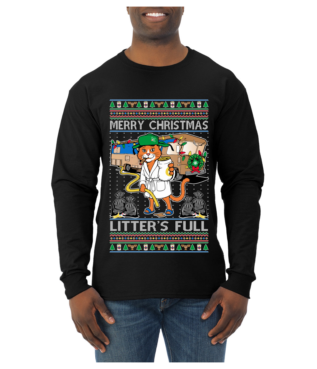 Litters Full Cat, Ugly Christmas Sweater Unisex Mens Long Sleeve Shirt