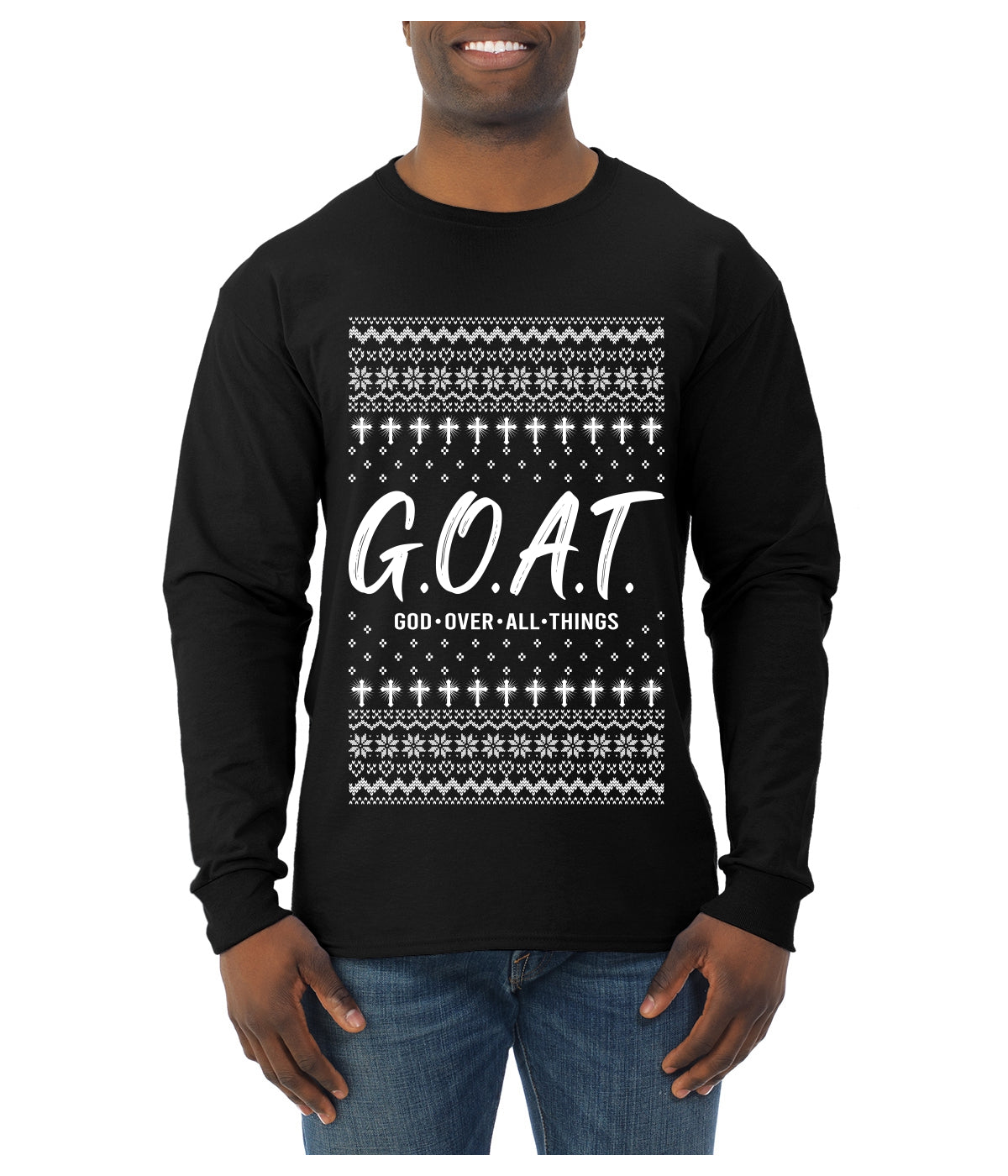 G.O.A.T. God Over All Things, Ugly Christmas Sweater Unisex Mens Long Sleeve Shirt