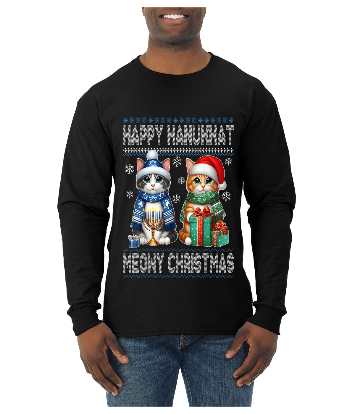 Happy Hanukkat Meowy Christmas, Ugly Christmas Sweater Unisex Mens Long Sleeve Shirt