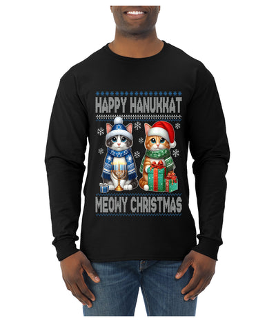 Happy Hanukkat Meowy Christmas, Ugly Christmas Sweater Unisex Mens Long Sleeve Shirt