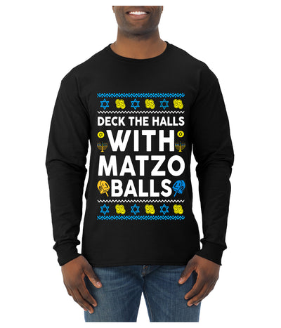 Deck The Halls With Matzo Balls Hanukkah, Ugly Christmas Sweater Unisex Mens Long Sleeve Shirt