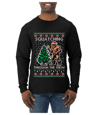 Squatching Through The Snow Bigfoot, Ugly Christmas Sweater Unisex Mens Long Sleeve Shirt