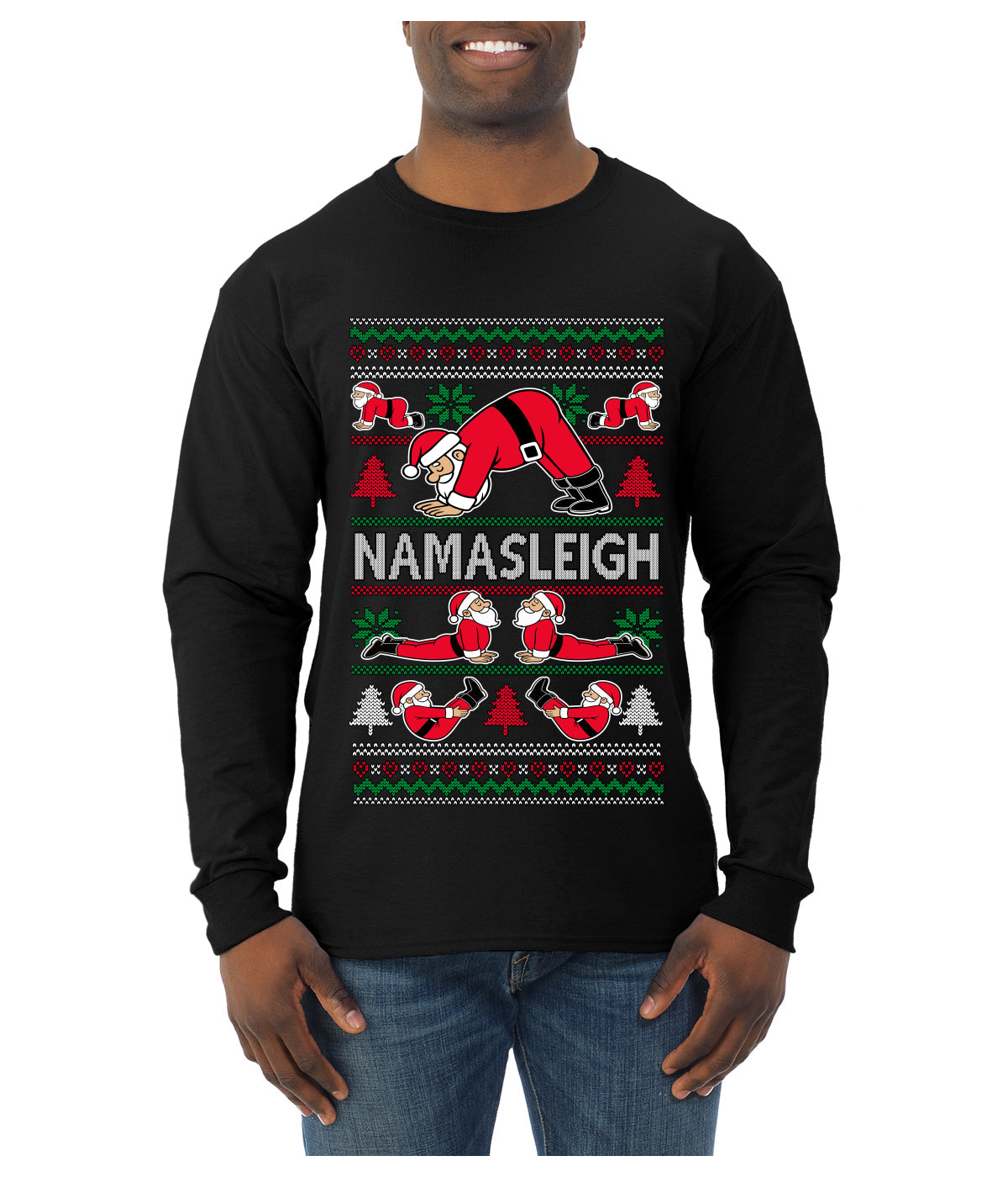 Namasleigh, Namaste Yoga Santa Claus, Ugly Christmas Sweater Unisex Mens Long Sleeve Shirt