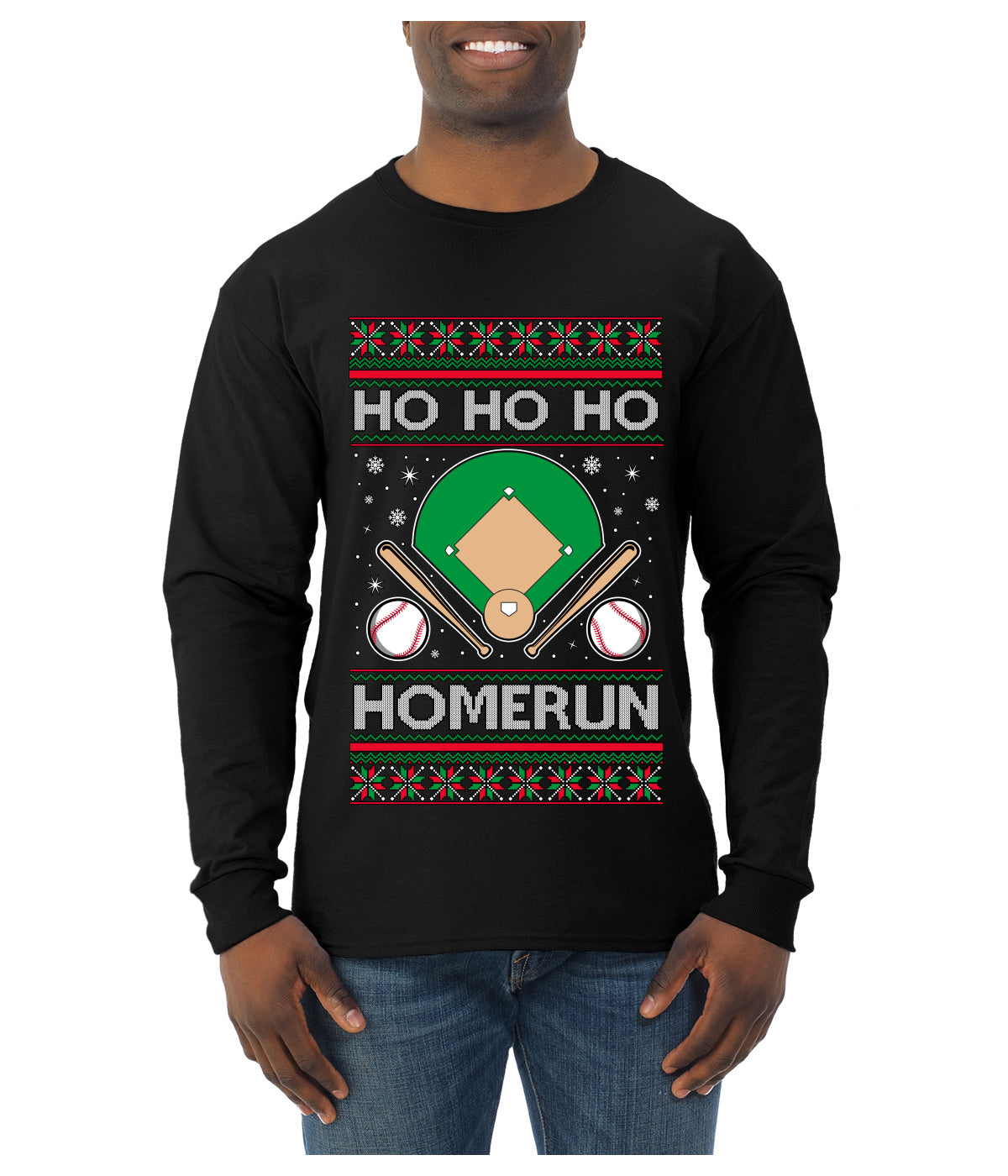 Ho Ho Ho Homerun, Baseball Fan Christmas Design, Ugly Christmas Sweater Unisex Mens Long Sleeve Shirt