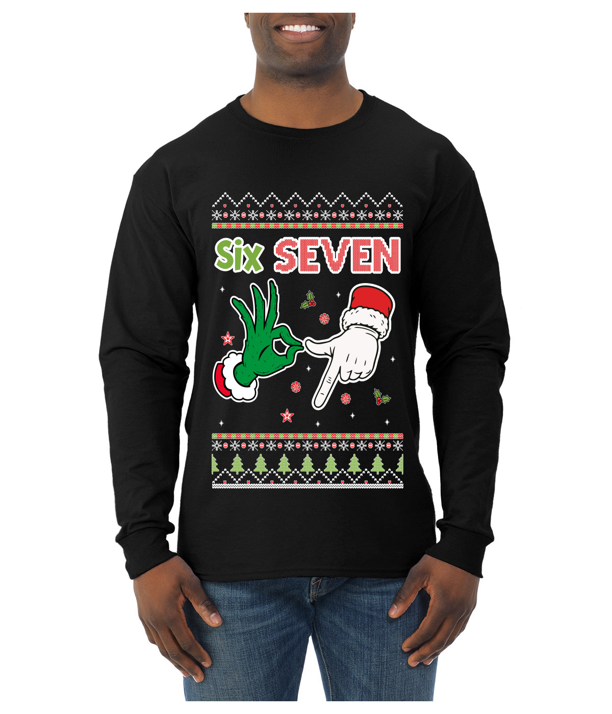 6 7 Christmas Hands, Ugly Christmas Sweater Unisex Mens Long Sleeve Shirt