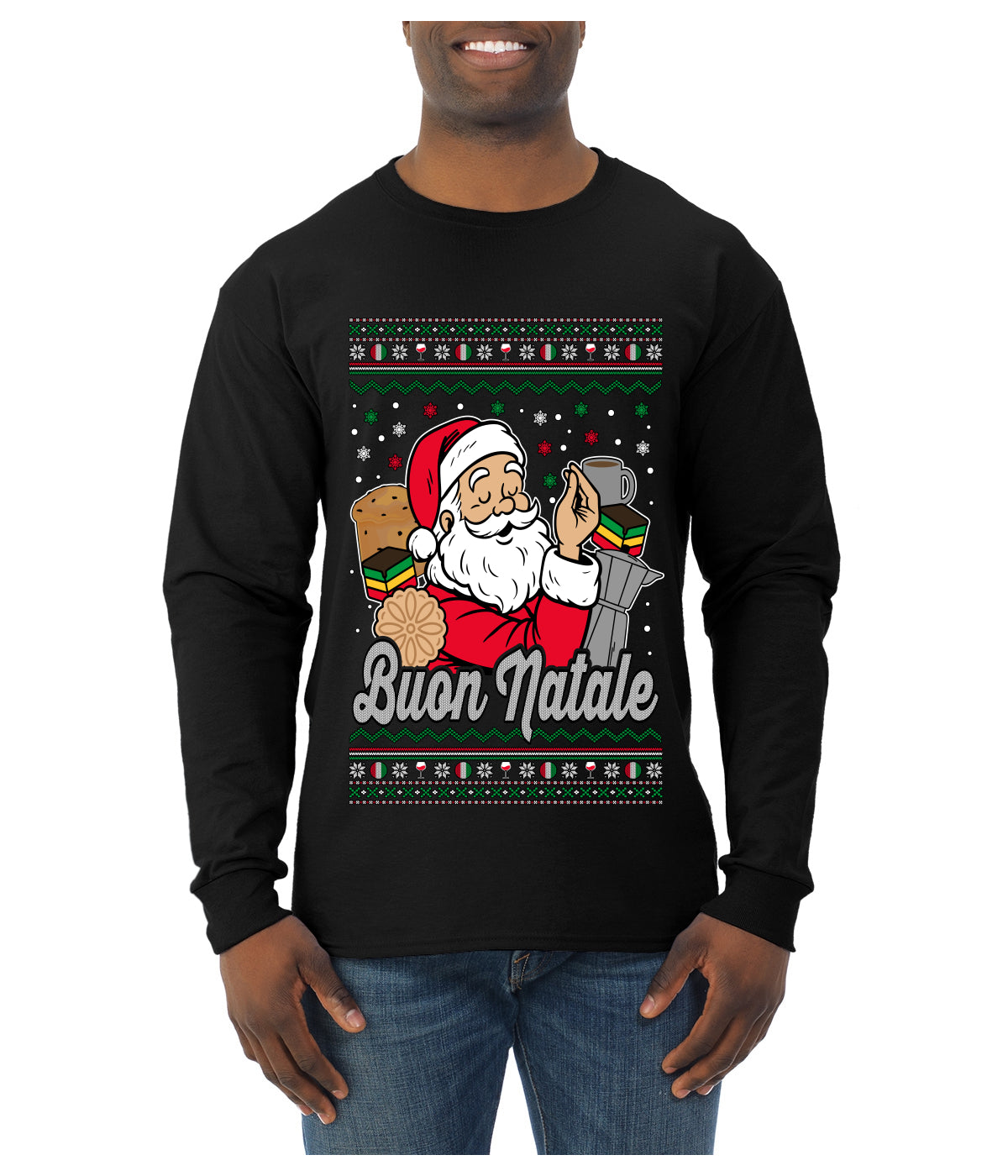 Buon Natale, Italian Santa Claus, Funny, Italian American Humor, Ugly Christmas Sweater Unisex Mens Long Sleeve Shirt