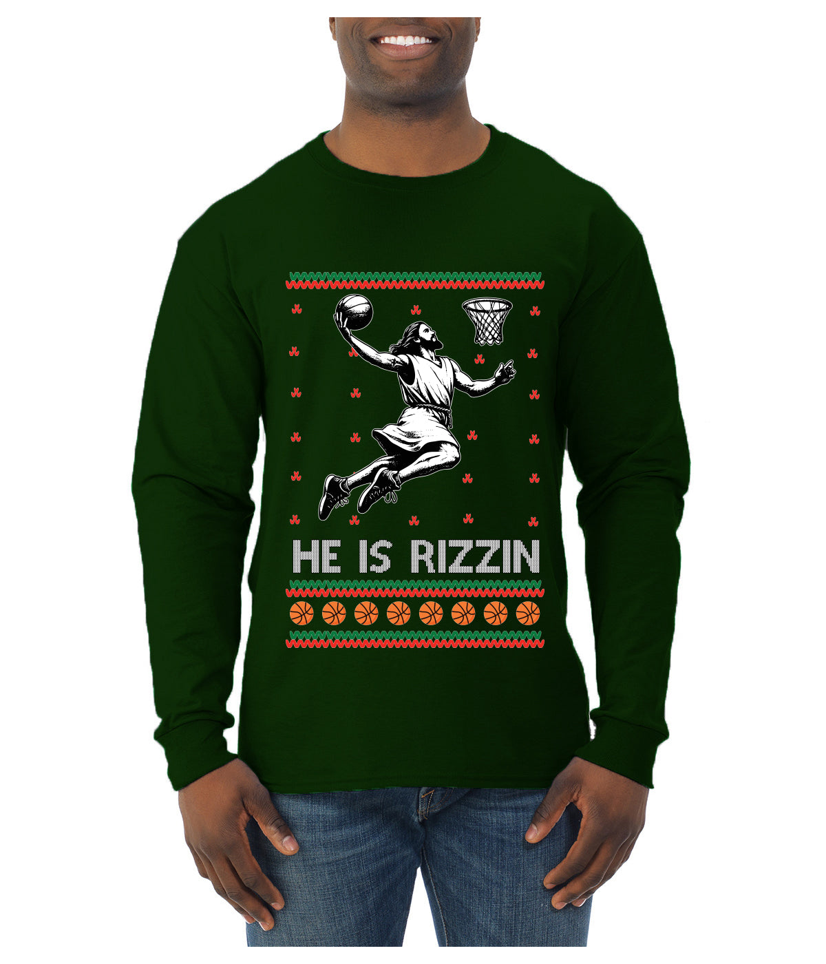 He Is Rizzin, Ugly Christmas Sweater Unisex Mens Long Sleeve Shirt