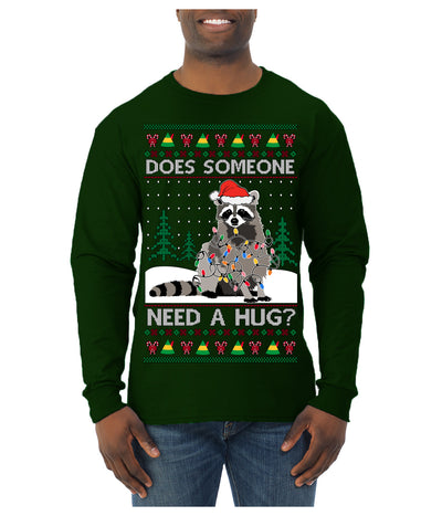 Does Someone Need a Hug? Cute Raccoon Ugly Christmas Sweater Mens Long Sleeve Shirt