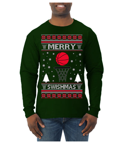 Merry Swishmas Basketball Sports Ugly Christmas Sweater Mens Long Sleeve Shirt