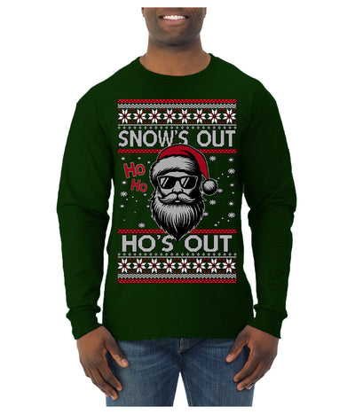 Snow's Out Hos Out | Funny Santa Claus Ugly Christmas Sweater Mens Long Sleeve Shirt
