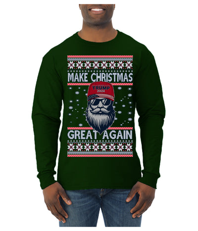 Make Christmas Great Again Trump Santa Claus 2024 MAGA,  Donald Trump JD Vance GOP Republican Ugly Christmas Sweater Mens Long Sleeve Shirt