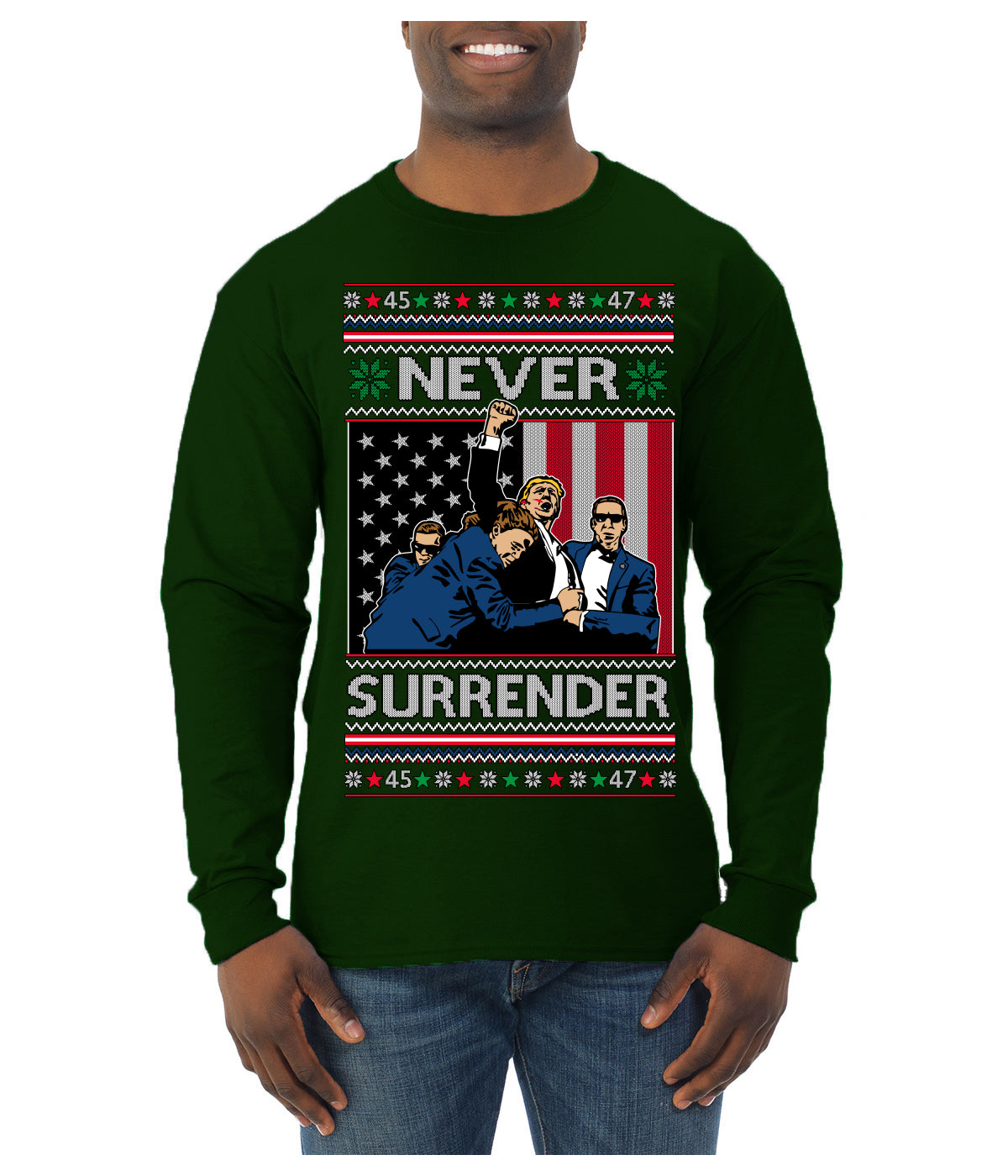 Never Surrender Pro Donald Trump Fight Fist Pump 2024 Ugly Christmas Sweater Mens Long Sleeve Shirt