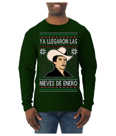 Ya Llegaron Las Nieves De Enero Chalino January Snow Ugly Christmas Sweater Mens Long Sleeve Shirt