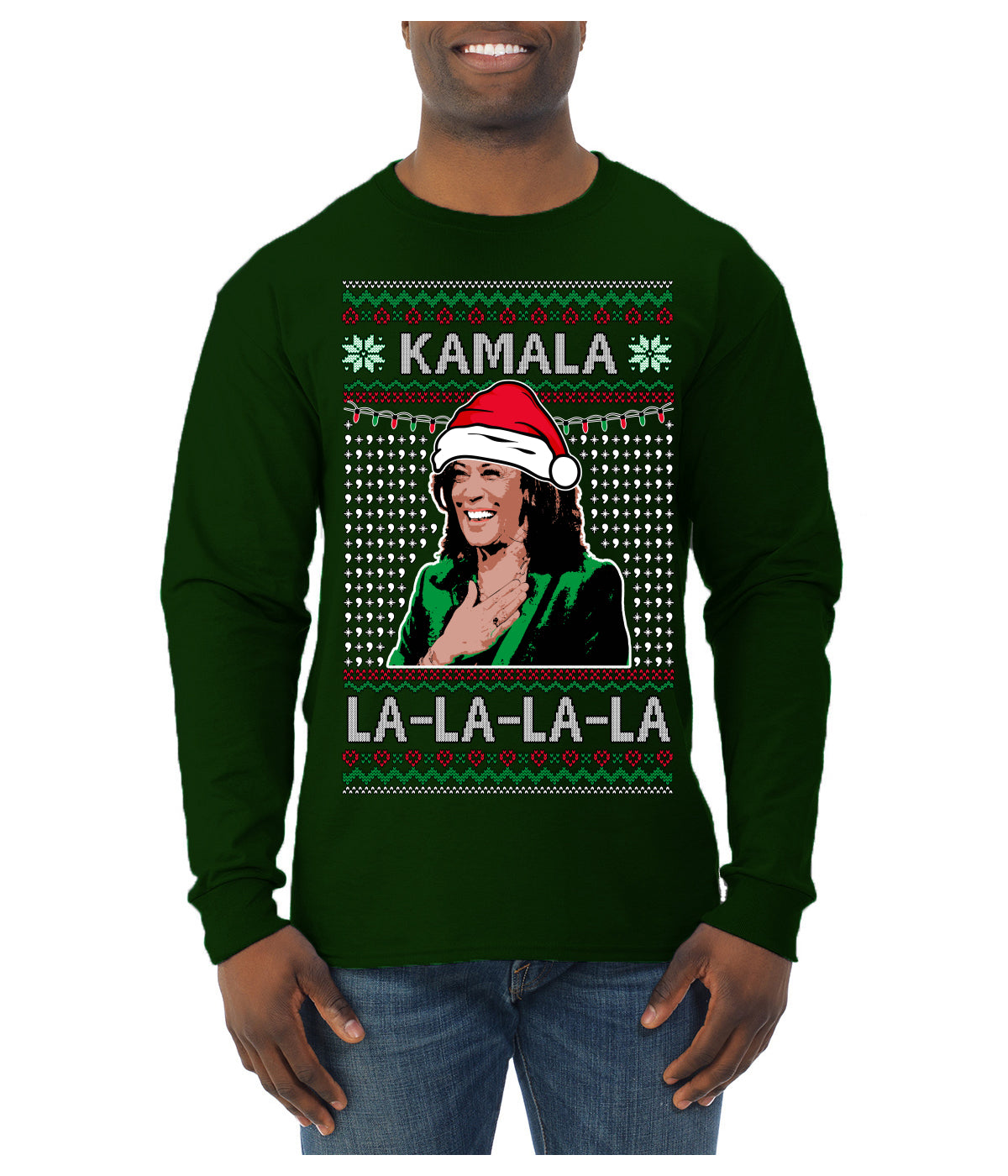 Kamala La La Funny Santa Hat Classic Xmas Song Carol Ugly Christmas Sweater Mens Long Sleeve Shirt