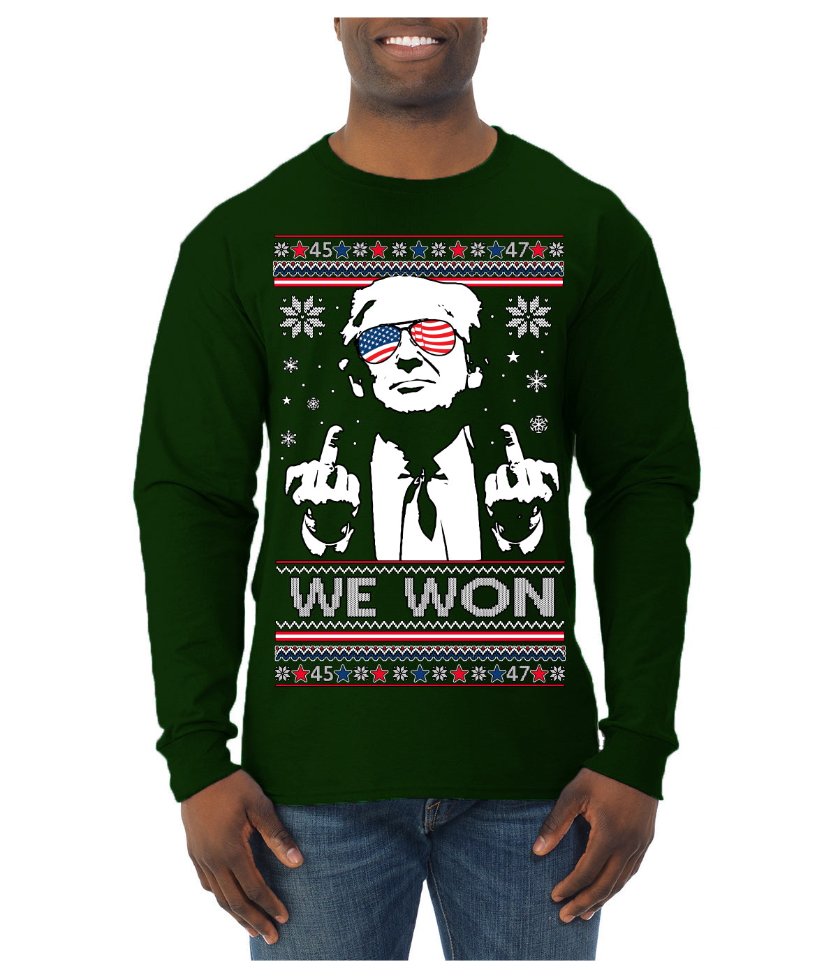 We Won Funny 45 47 President Trump Shot USA Glasses Ugly Christmas Sweater Mens Long Sleeve Shirt