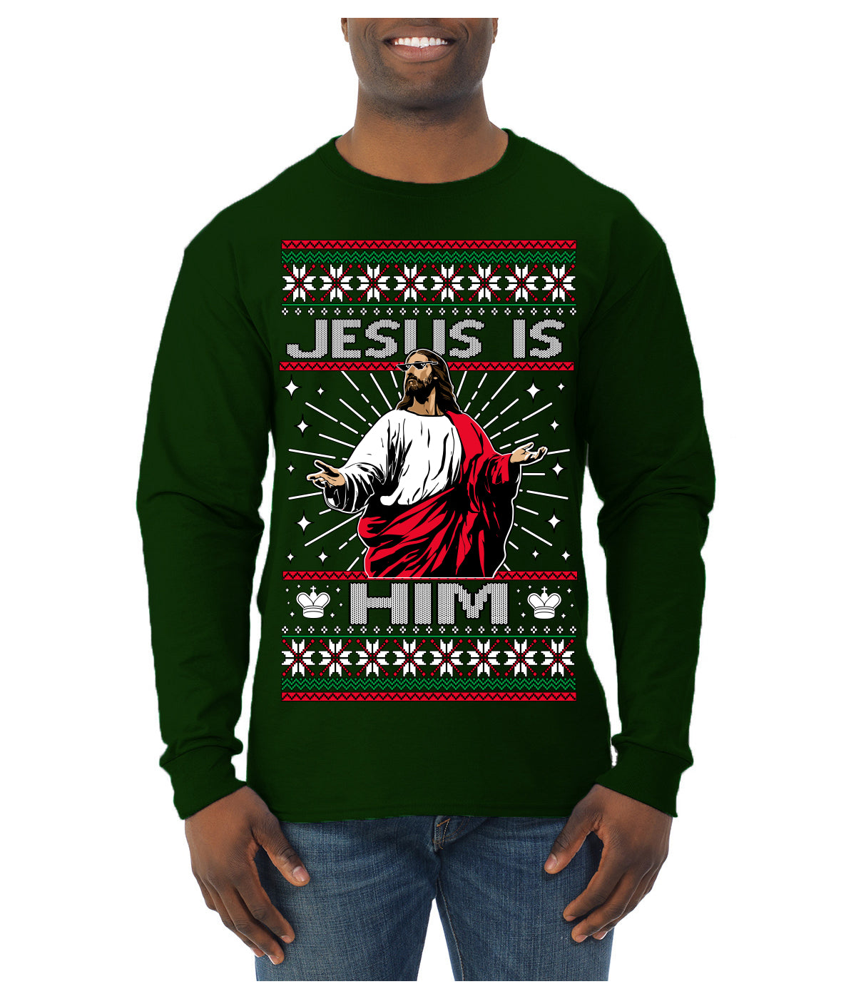 Jesus Is Him Funny Gen Z Viral Meme Shades Slang Ugly Christmas Sweater Mens Long Sleeve Shirt