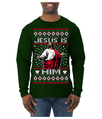 Jesus Is Him Funny Gen Z Viral Meme Shades Slang Ugly Christmas Sweater Mens Long Sleeve Shirt