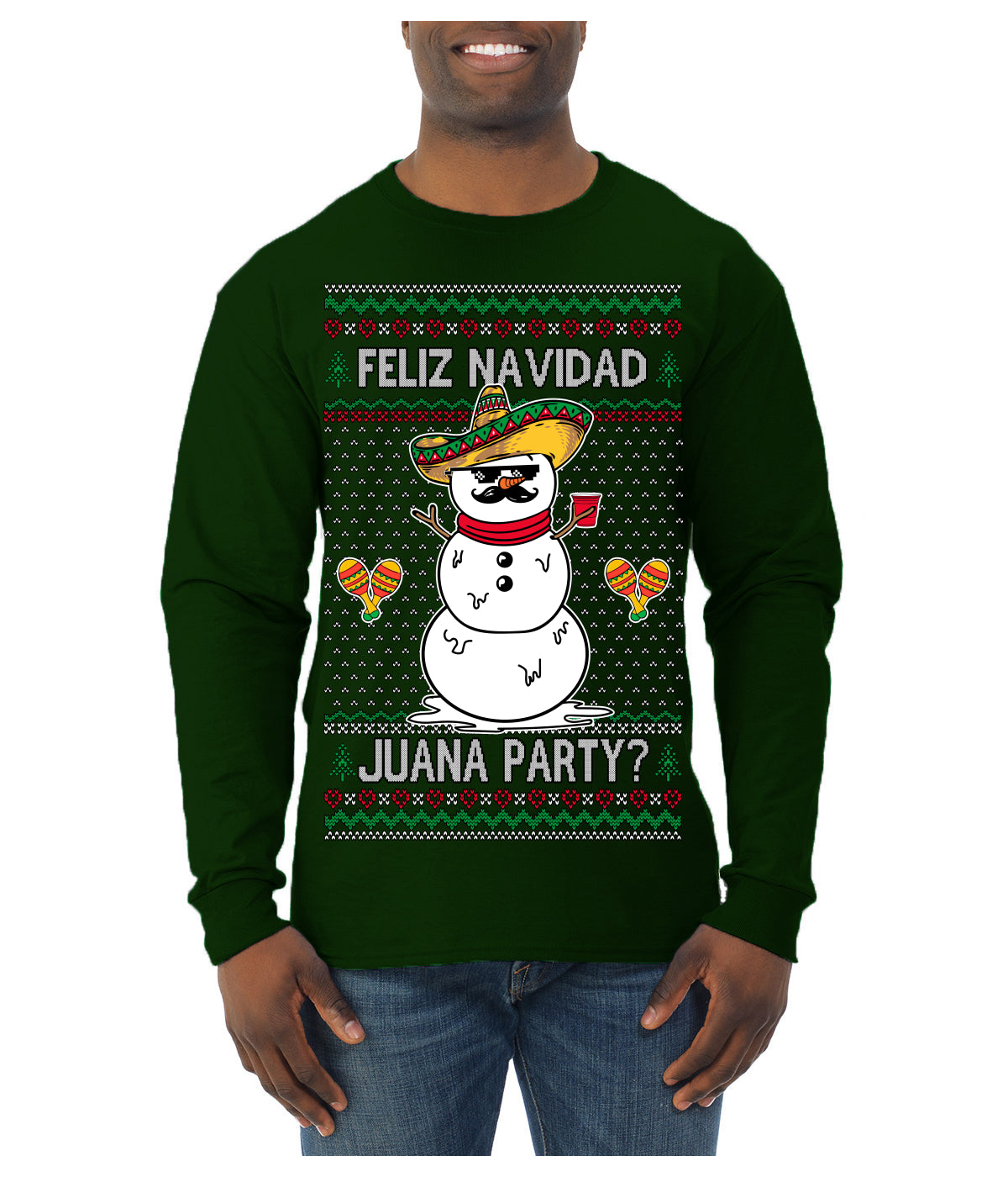 Feliz Navidad Juana Party Funny Spanish Drinking Cerveza Ugly Christmas Sweater Mens Long Sleeve Shirt